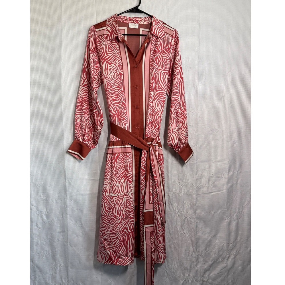 Fate Zebra Print Shirt Dress Red Pink Belted Midi Long Sleeve FD31229 Small